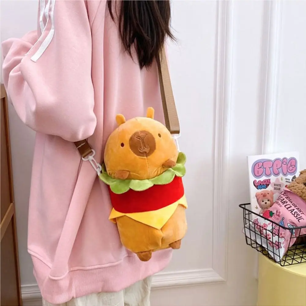 Bolsa de felpa de hamburguesa y capibara con animales japoneses, muñeca de peluche, bolso de hombro portátil de dibujos animados, bolso cruzado suave y bonito para estudiantes, bolso de viaje