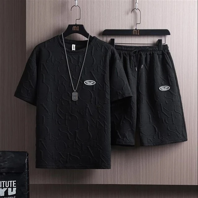 2024 Summer Men\'s Fashion Brand Casual Sports Short Sleeved Shorts One Piece T-shirt Clothes Waffle Fabric Loose Style Set