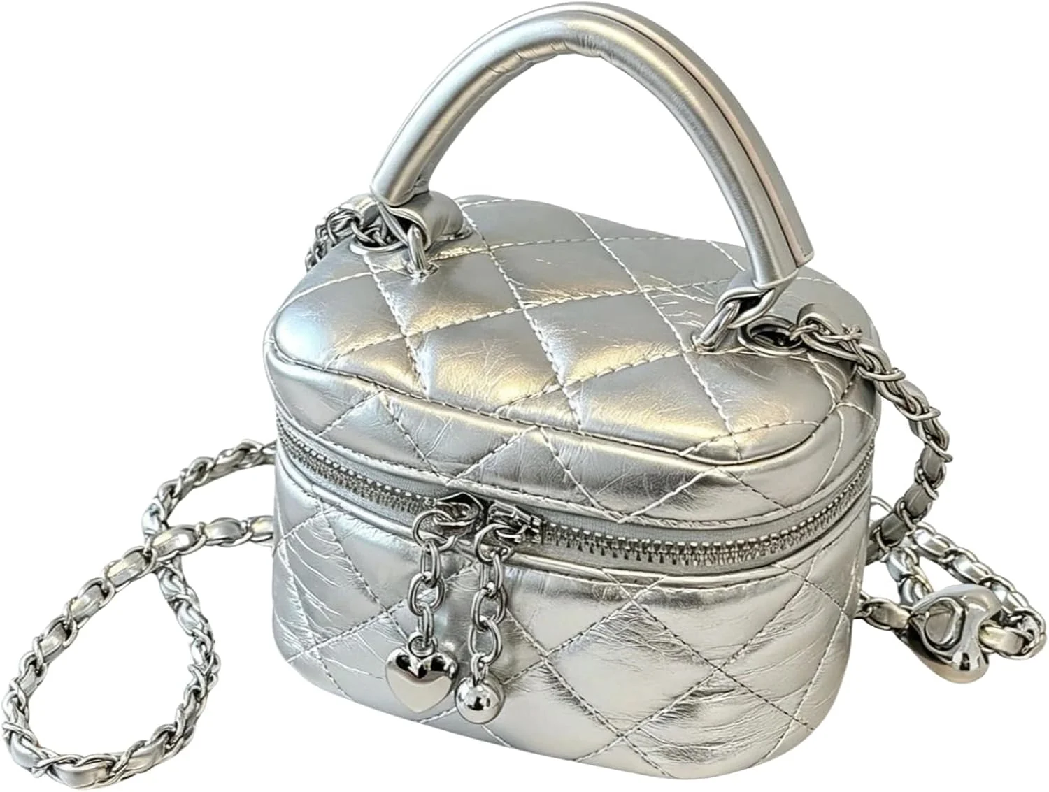 Mini Box Crossbody Bag, Silver Quilted Metallic Purse with Chain Strap, Top Handle & Heart Charm, Women's Evening Clutch