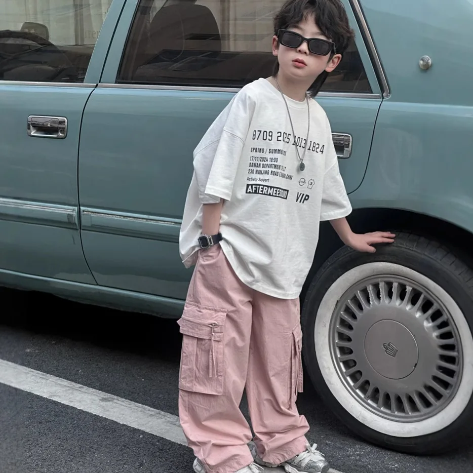 

2025 Spring Summer New Children's Card Number Letter Printed Short Sleeved T-shirt Made of Pure Cotton for Boys