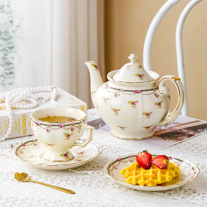 French Vintage Ceramic Tea Set, Gold Trim Teapot & Cups with Saucers, Royal Style Afternoon Tea Set,Coffee Serving,Elegant Gift