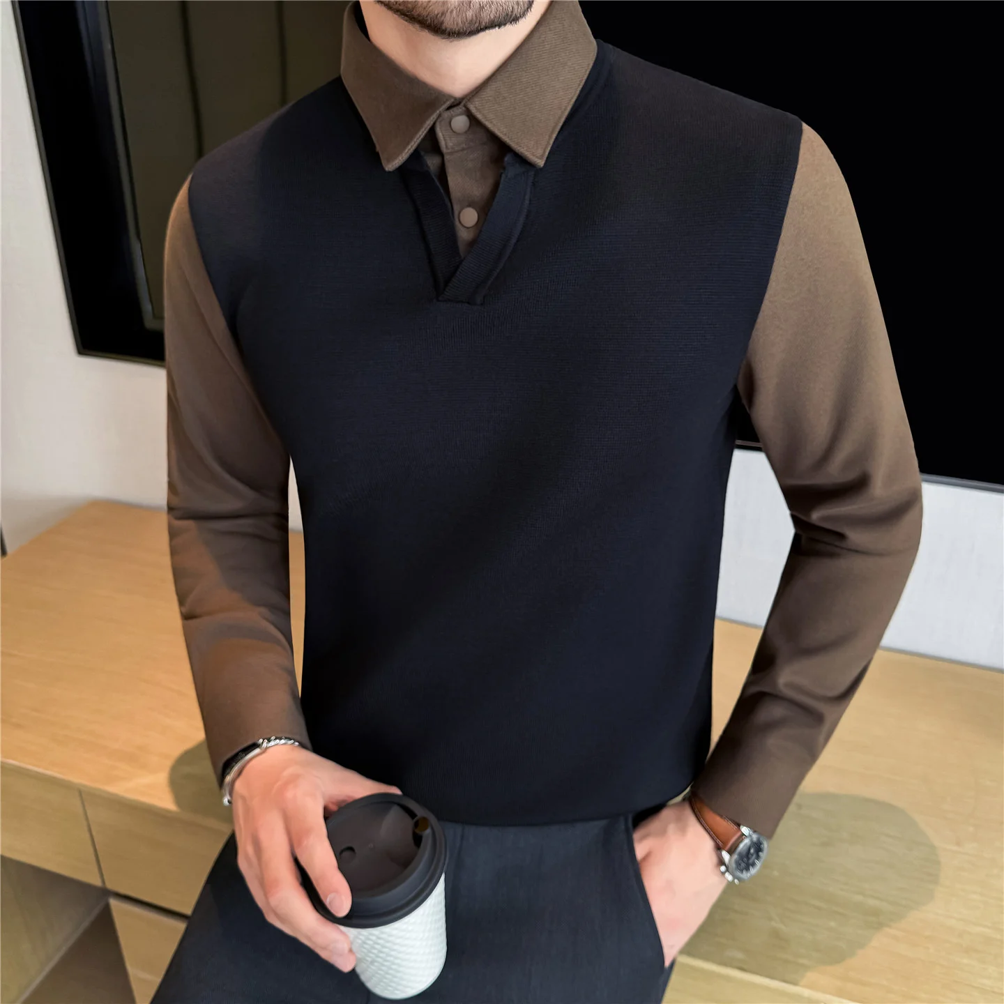 Autumn Winter Thick Shirt Collar Fake 2Pieces Spliced V-neck Sweater Fashion Men's High Quality Warm Business Slim Fit Pullovers