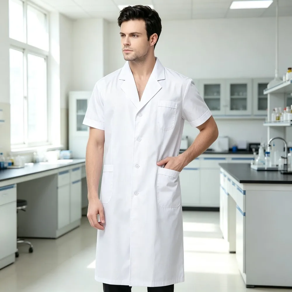 Adult Men Practical White Work Coat, Short Sleeve Lapel Collar Lab Uniform with Pockets, Workwear for Hospital, Lab, Workshop