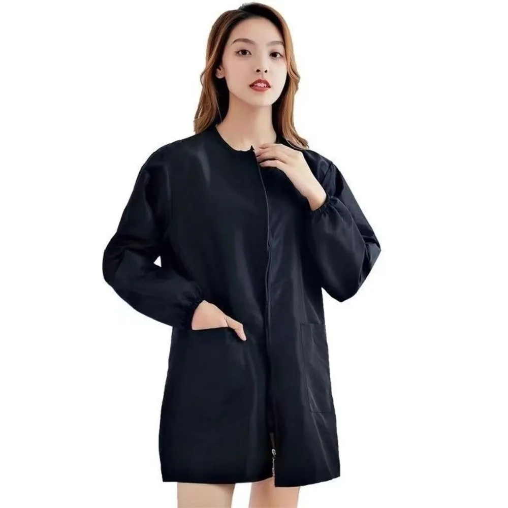 

Рабочая одежда для парикмахерской с короткими/длинными рукавами, полиэстер, легкий парикмахерский халат на молнии, дышащие волосы с антипригарным покрытием