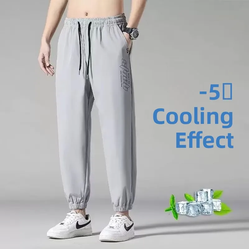 Pantaloni lunghi casual sottili estivi da uomo in seta di ghiaccio Pantaloni sportivi con risvolto allentato Qui Dry Pantaloni sportivi a nove punti Faionable Loose Fit