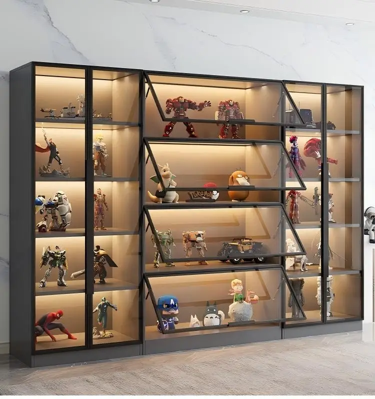Anpassbare Figuren-Vitrine mit Gehärteter Glastür, LED-Beleuchtung, Großer Kapazität, Mehrschichtiger Aufbewahrung, Aluminiumrahmen, Öko-Living