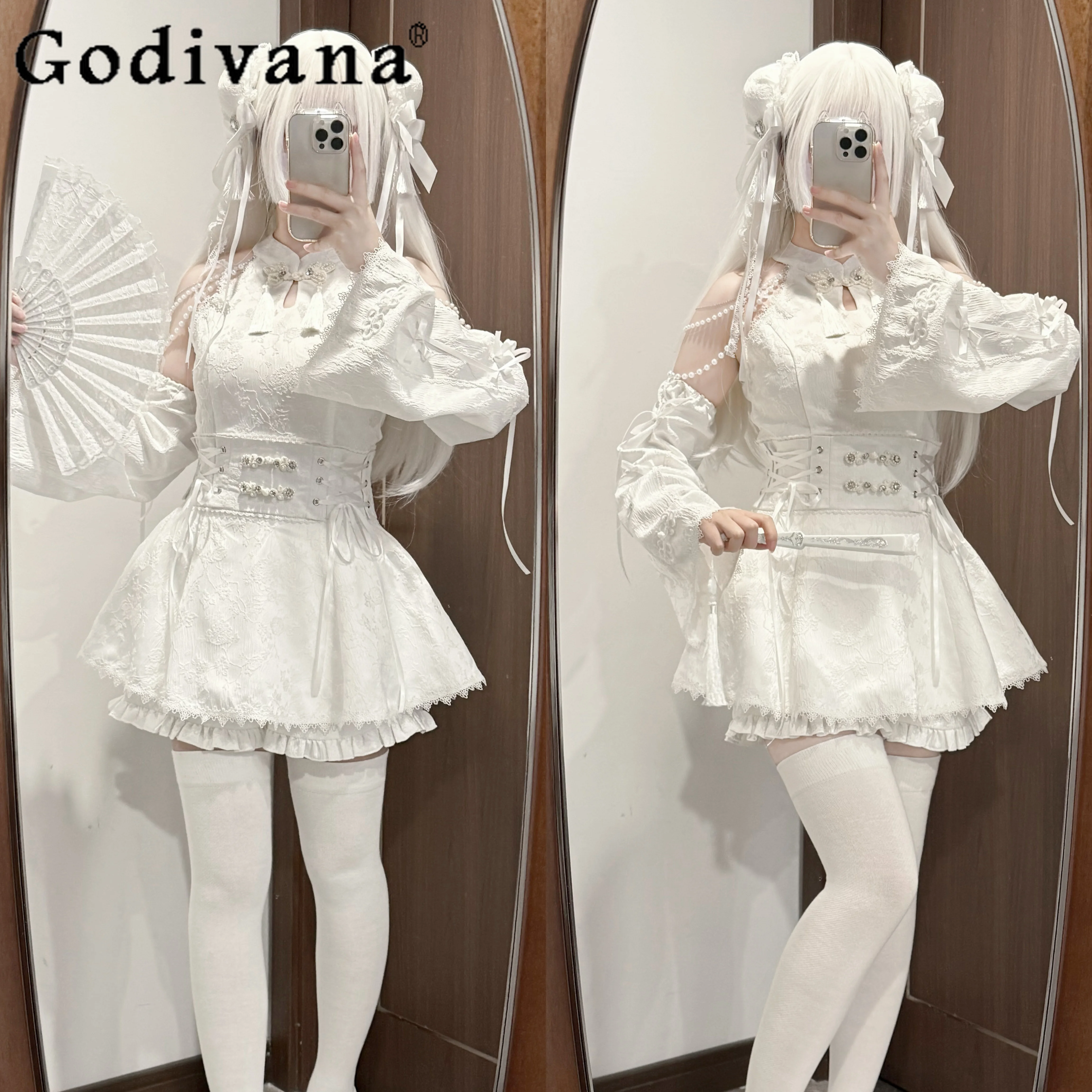 Original Mine Series Mass-produced Cos Lolita Dress Set Womens Chinese Style Sweet Off-the-shoulder Top Shorts Two Piece Sets