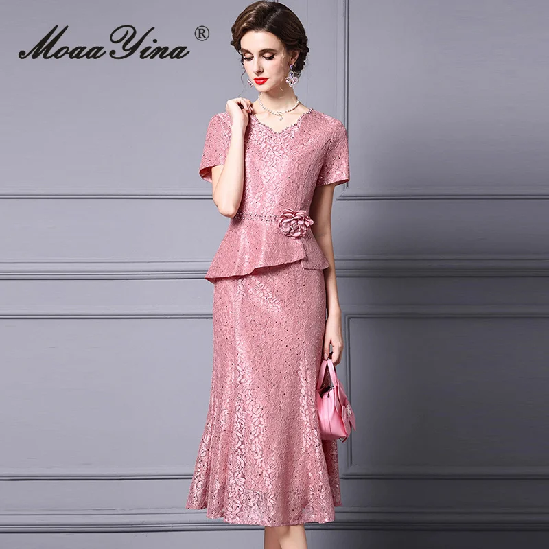 MoaaYina Fashion New Style Designer Women V-Neck Lace Short Sleeve Sequins Appliques Slim-Fit Hip Wrap Solid Dresses