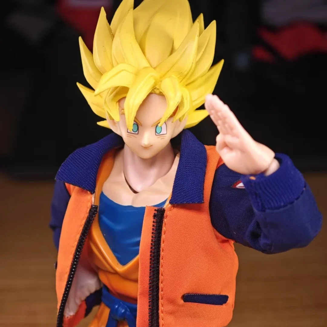 Dragon Ball SHF Anime Handmade Full Power Son Goku Tailored Jacket and White Vest Built In Iron Wire Is Suitable for 1/12 Toys