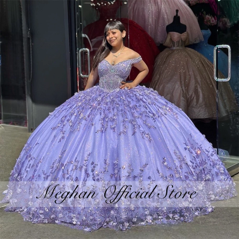 Purple Off The Shoulder Quinceanera Dress 2024 Beaded Corset Prom Dress Ball Gown 3D Flowers Sweet 16 Robe De Bal Customized