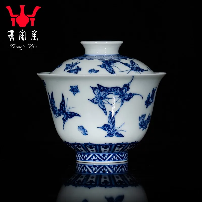 

Zhongjia Kiln Ceramic Gaiwan Tea Cup Jingdezhen Blue and White Wood Kiln Cover Bowl Hand Painted Butterfly Picture Small Tea Bre