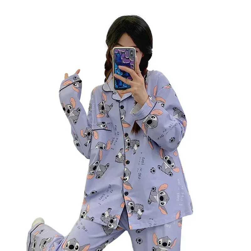 Disney Stitch otoño pantalones de algodón de manga larga conjunto de dos piezas pijamas de mujer ropa de descanso informal de dibujos animados