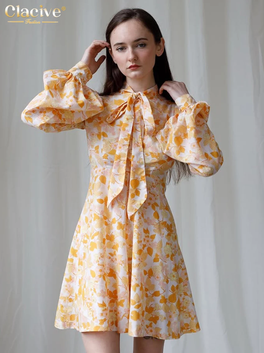 Clacive Fashion Loose Print Women Dress 2026 Autumn Bow Collar Long Sleeve Mini Dresses Elegant Classic Female Dress Streetwear