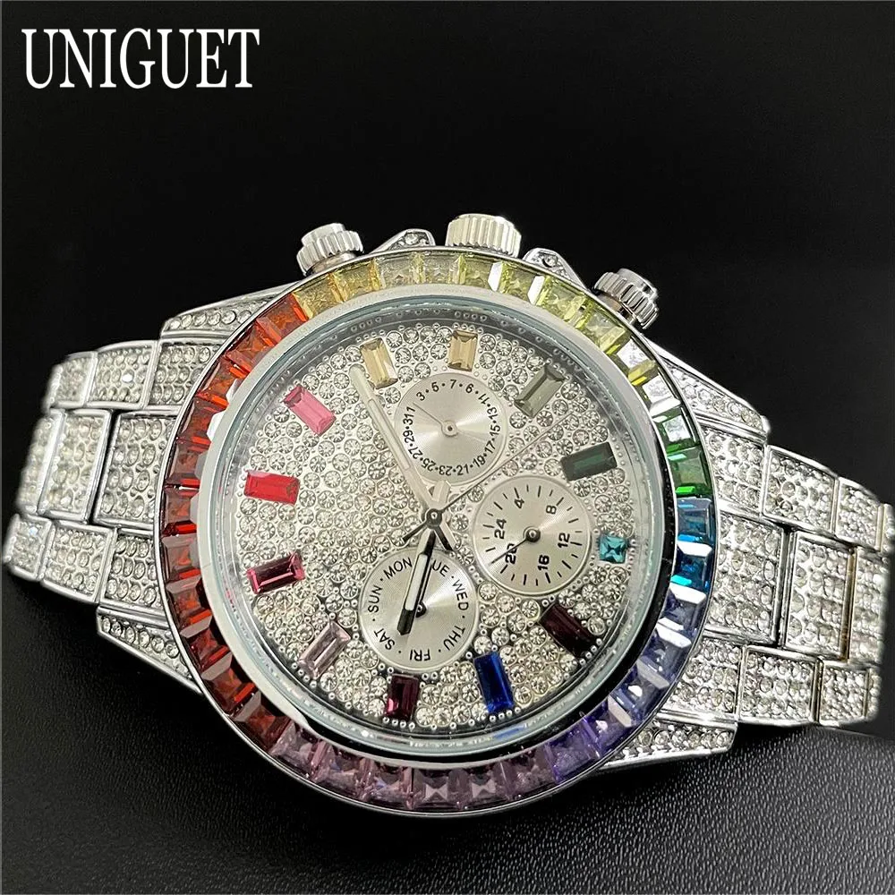 Hot Sell UNIGUET Fashion Iced Watch For Mens Stainless Steel Quartz Watches Hip Hop Rainbow Diamond Wristwatch Man Dropshipping