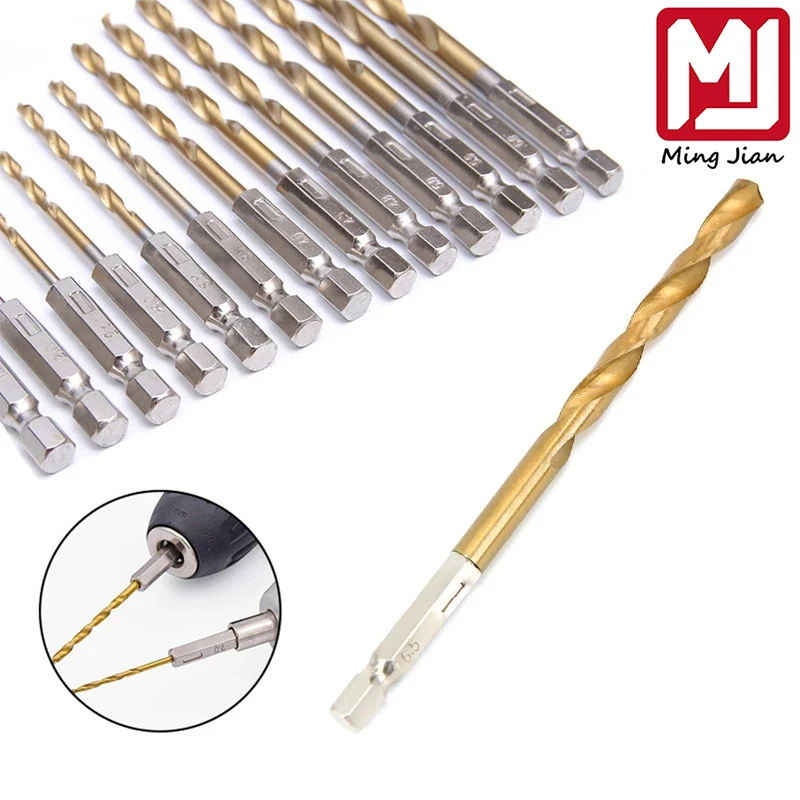 13pcs 1/4 Hex Shank 1.5-6.5mm Hexagonal Handle Twist DrillHSS Drill Bit Set High Speed Steel Titanium Coated Drill Bit