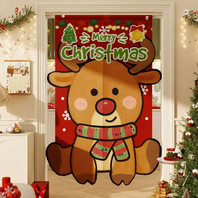 VIKAMA Christmas Cartoon Reindeer Door Curtain Red Big Deer Face Merry Xmas Tree Bell Snowflake Light String Bedroom Living Room