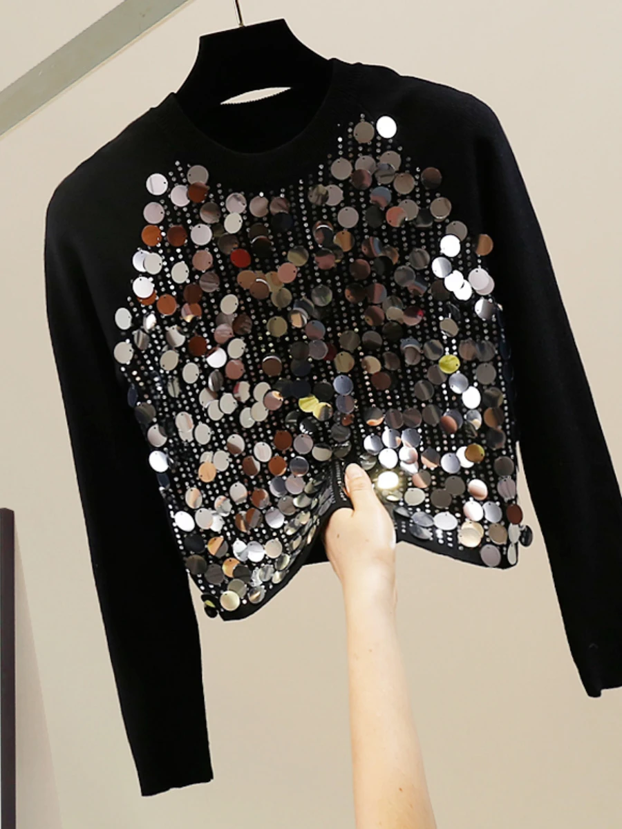 Heavy Sequins Shiny Pullover Long Sleeve Knitted Sweater Autumn Winter New Fashion Design Round Neck Slim Pullover Women Tops