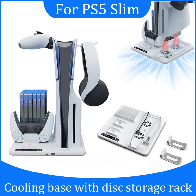 For PS5 Slim host multifunctional heat dissipation base with disc storage rack for PS5 handle dual seat charging headphone rack