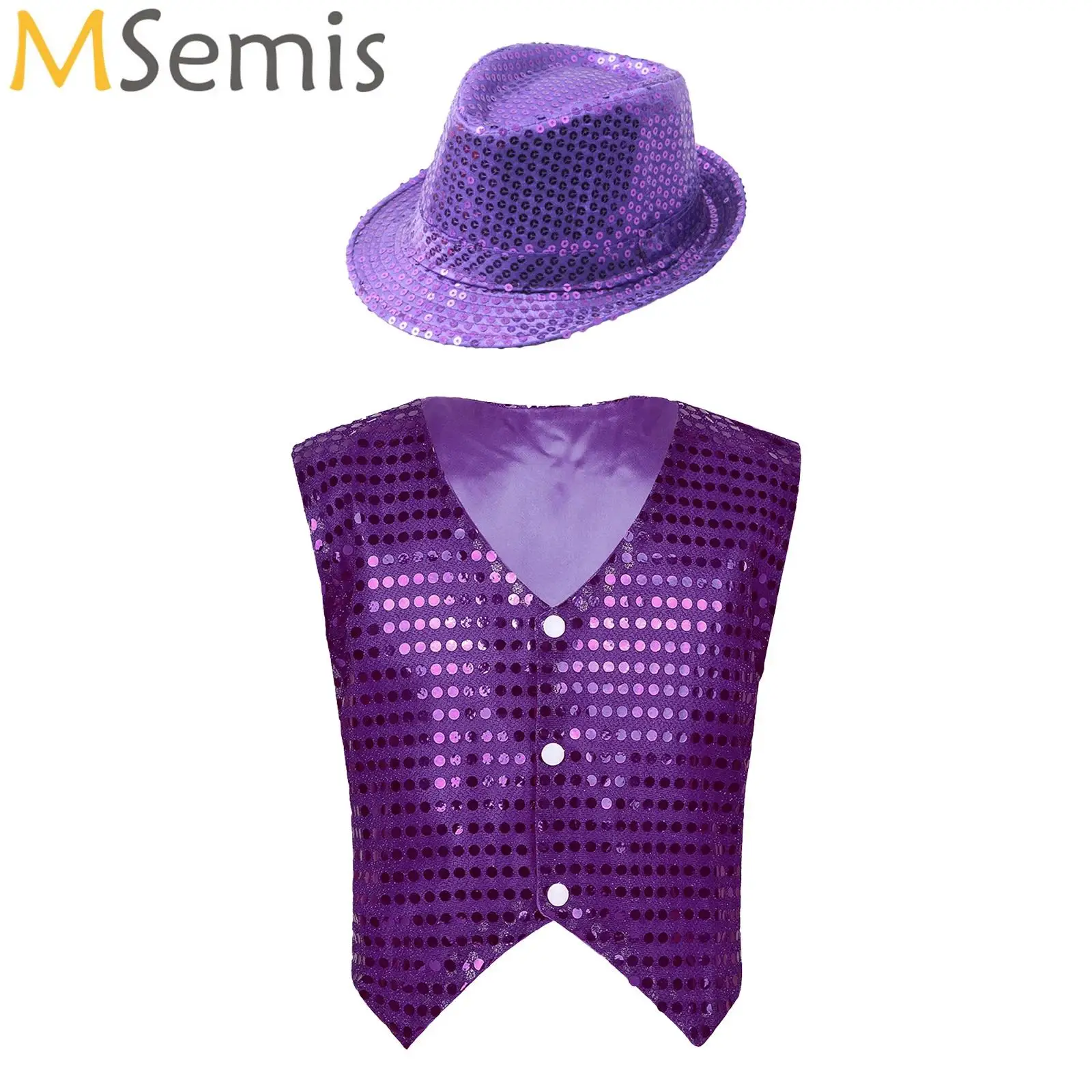 Kids Boys Girls Sequins Vest Jacket Party Waistcoat Tops with Hat Set Hip Hop Jazz Modern Dance Stage Performance Costume