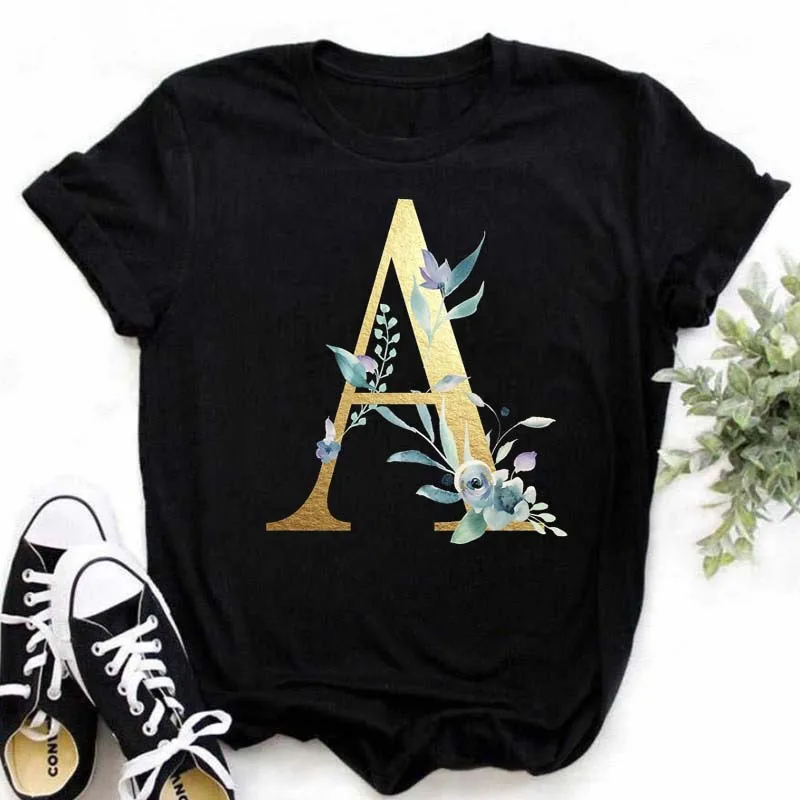 Maycaur Gold Alphabet with Blue Flowers A B C D Letter Print Women T Shirt Customize Name T Shirt Short Sleeve Female Tees Tops