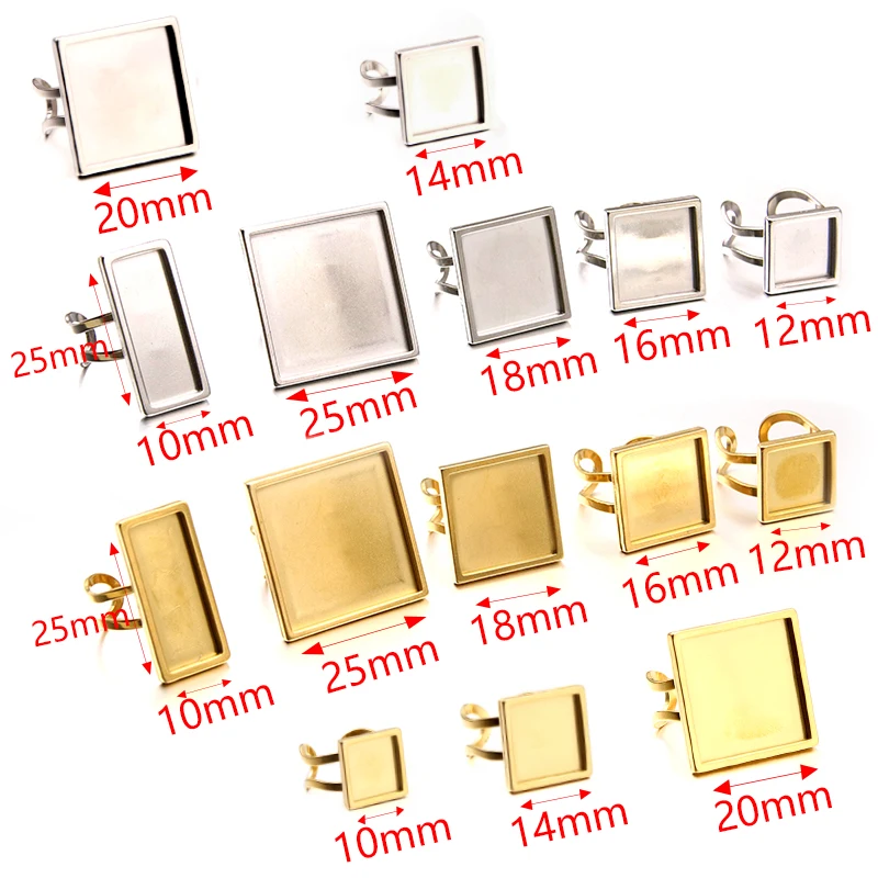 2Pcs Stainless Steel Silver Gold Color Square Rectangle Cabochon Adjustable Rings Bezel Blanks Diy Jewelry Making Accessories