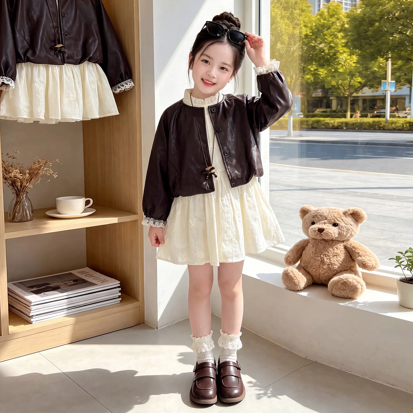 Girls' Spring and Autumn Winter Dress Set 2026 New Style Children's Stylish Leather Jacket for Baby Girls