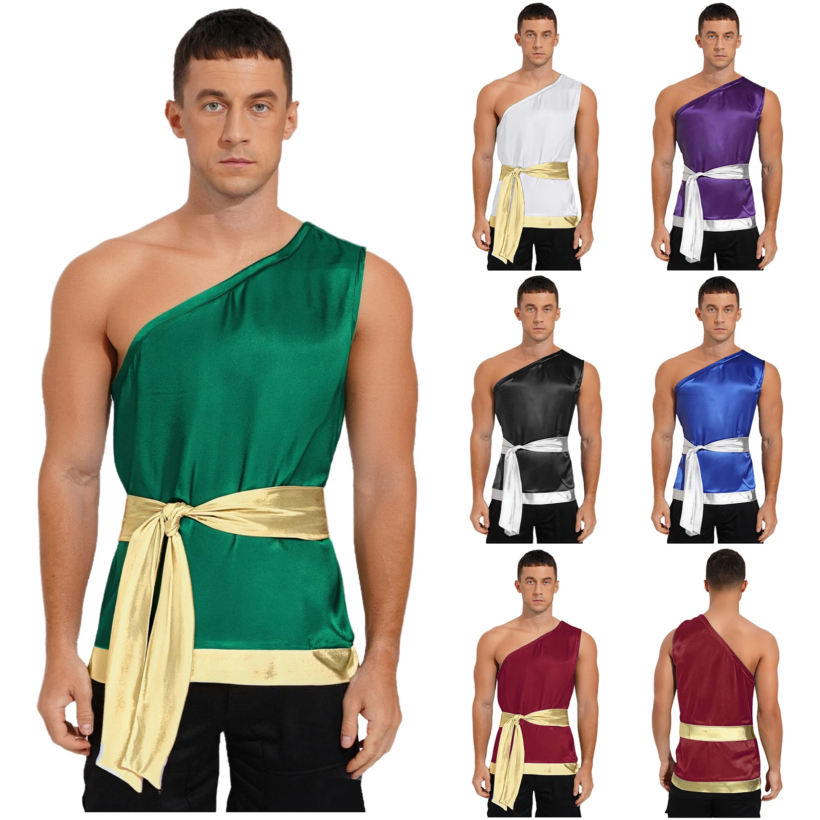 Men Church Choir Worship Liturgical Praise Dance Top Metallic Shiny Satiny Shirt Tops Lacing Waist Belt Modern Lyrical Dancewear