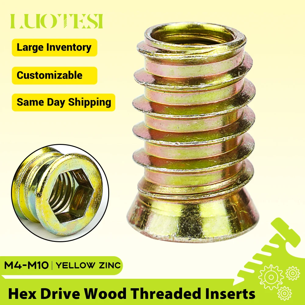 Hexagon Socket Wood Threaded Inserts Nut Color Zinc Plated Steel M4 M5 M6 M8 M10 Embedded E-Nut for Table Desk Chair Bed Nutsert