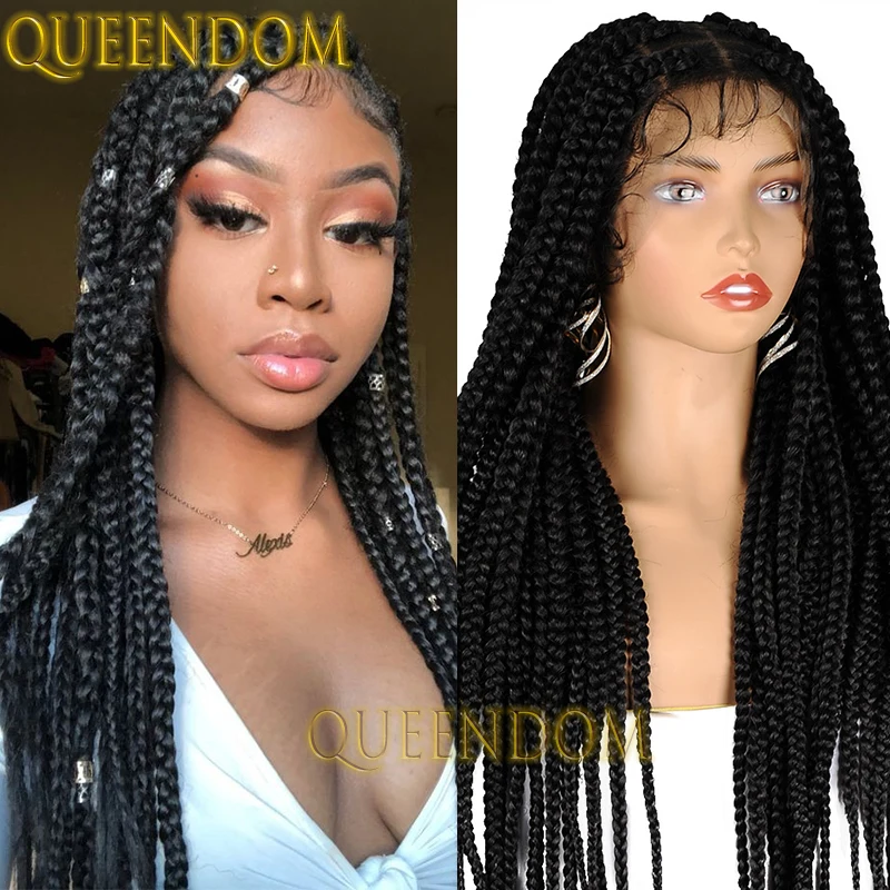 36 ”Synthetische Jumbo Knooploze Doos Gevlochten Pruik Full Lace Grote Cornrow Plait Vlechten Pruik Voor Zwarte Vrouwen Kant Frontale Faux Locs Pruik