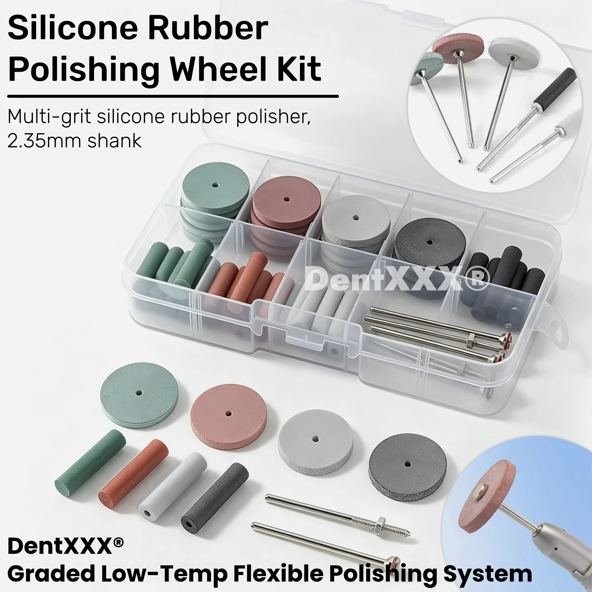 Buy 6 Get 2 Free Silicone Rubber HP Polishing Wheel Kit, Includes 40 Laboratory Industrial Polishing Wheels, 5 Mandrel Handles