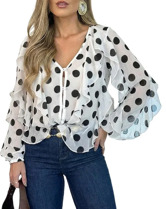 

Women Sweet Fashion Elegant Polka Dot Print V-Neck Long Sleeve Button Front Blouses Female Casual Ruffles Spliced Semi Sheer Top