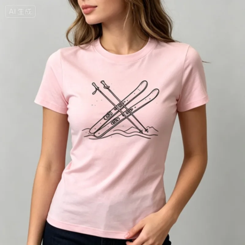 Women T Shirt Stylish Short Sleeve Ski Board and Ski Pole Prints Front Back Double Sided Casual Round Neck Soft Breathable