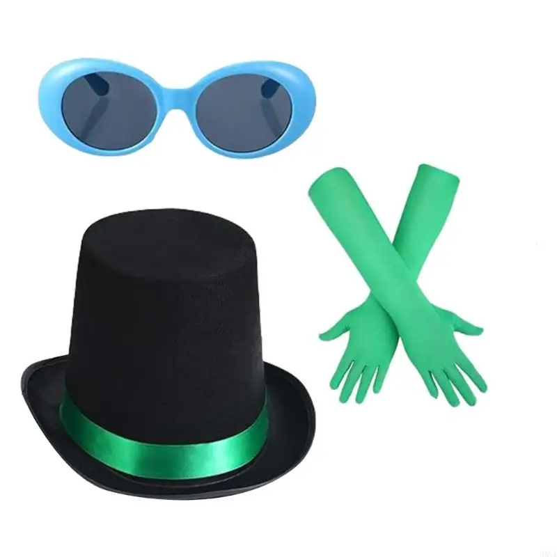 

68UA 3Pcs Halloween Costume Accessories Set Green Long Gloves Sunglasses Black Top Hat for Book Character Cosplay Dress Up