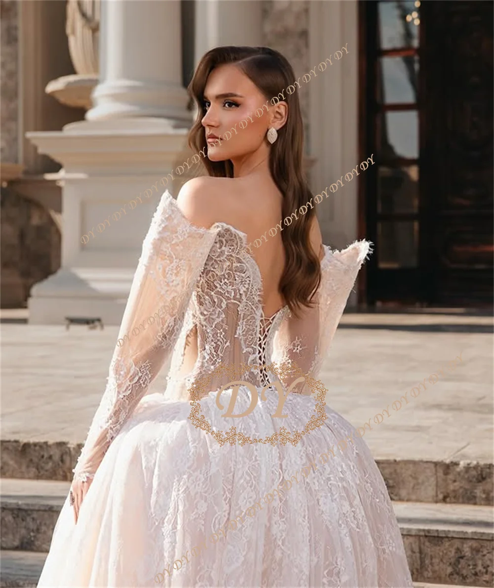 DY Luxury Lace Pleated Wedding Dresses Exquisite Long Sleeve Vestido de Novia Bustier Corset Eveing Dress Vestidos Customized