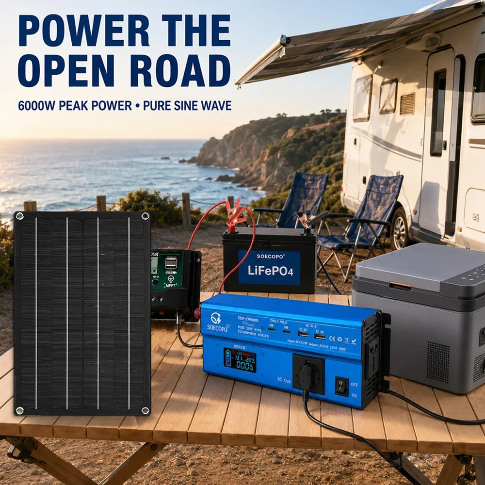 6000W Solar System Pure Sine Inverter DC12V/24V AC110V/220V Emergency Backup 600W Panel 60A MPPT Controller USB Fast Charge Home