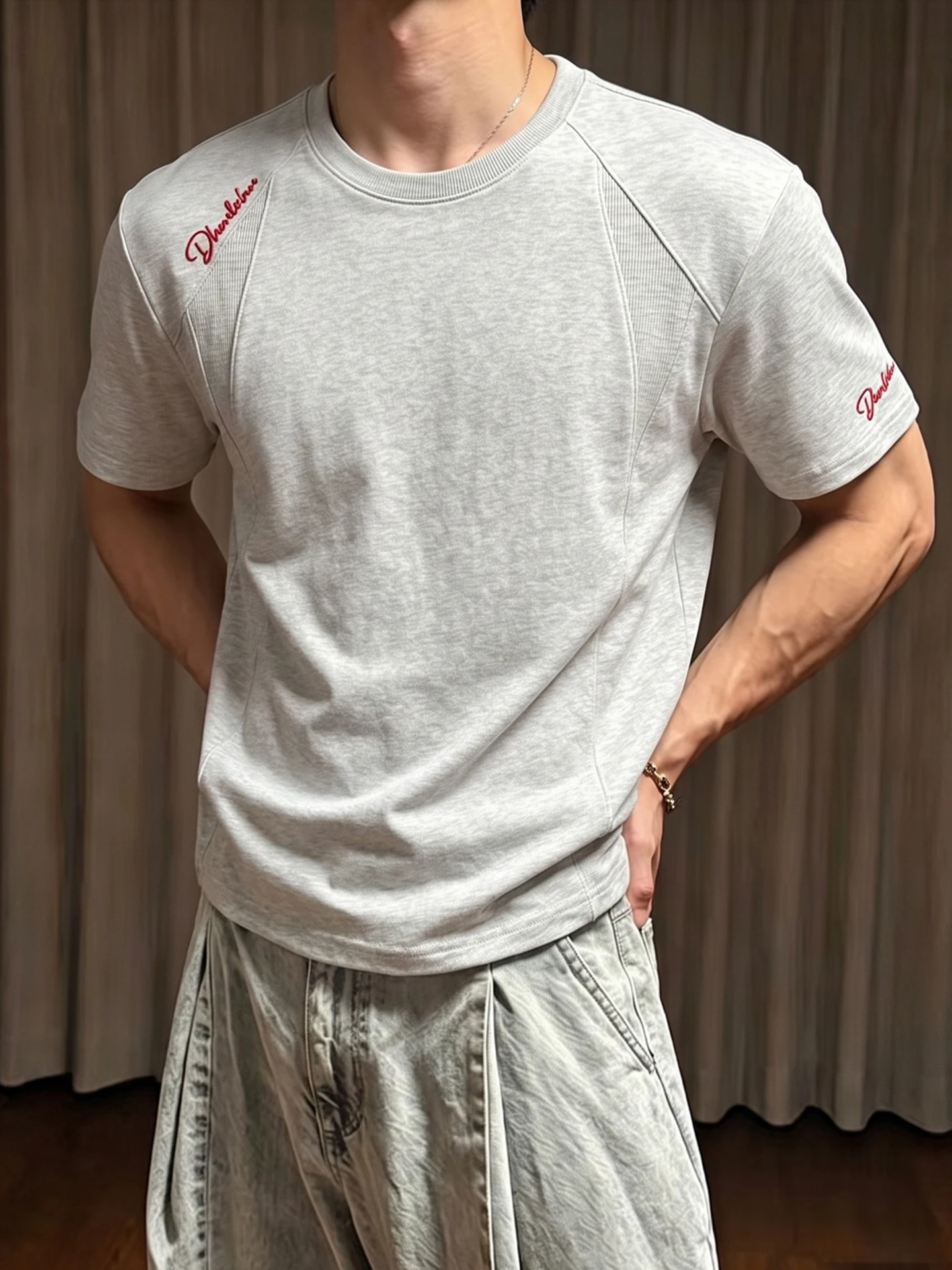 Cleanfit American Red Label Embroidered T-Shirt Men's Summer Trendy round Neck Short Sleeve Retro Heavy Half Sleeve