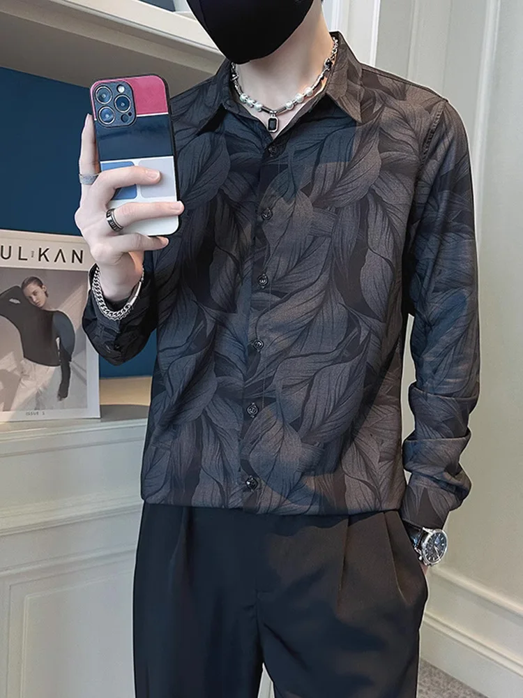 

Floral Print Casual irt Men's Sli Haome Autumn 2023 New Sle Hairdrer Trendy Brand Slim Fit Long Sve Polyeste...