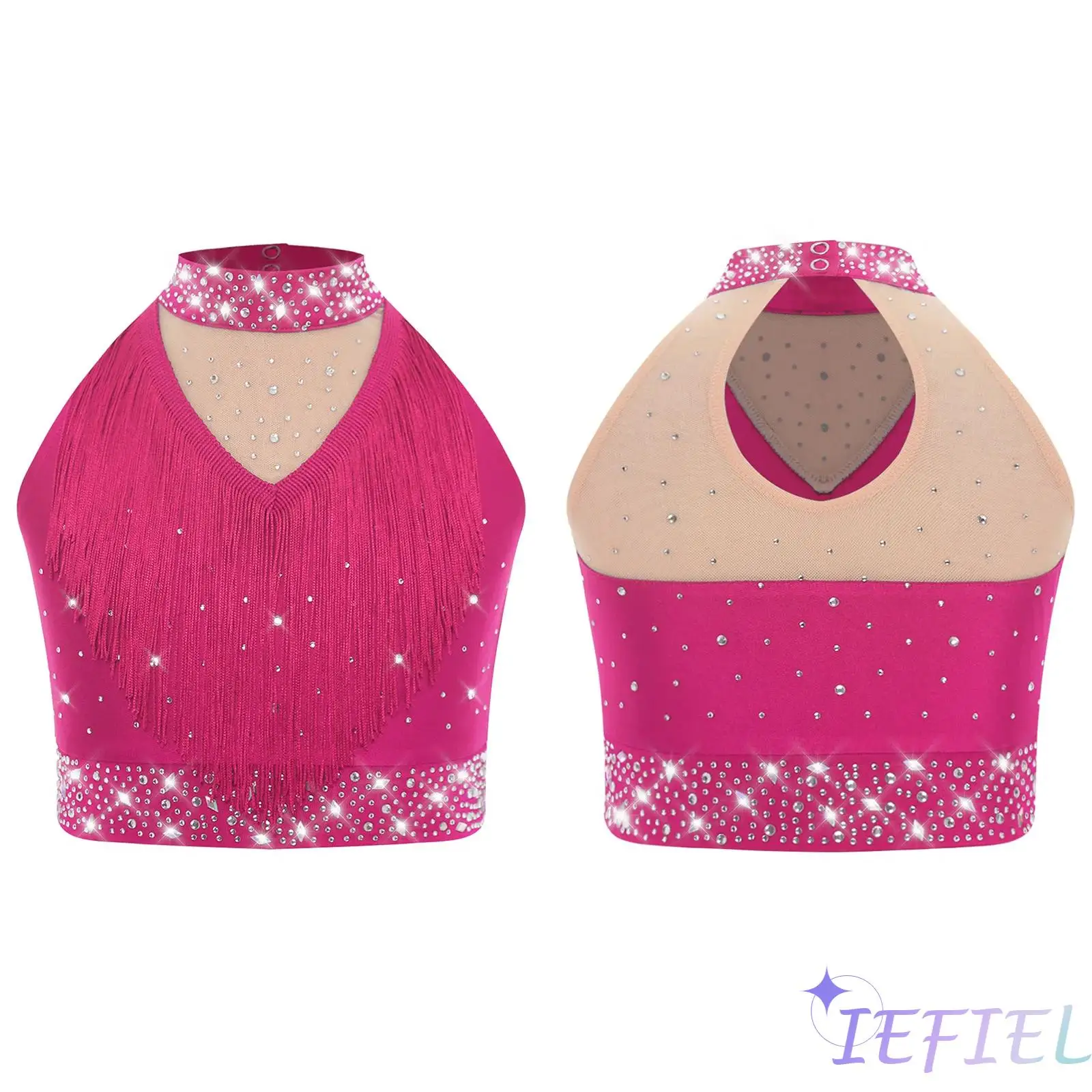 

Girls Jazz Dance Top Competition Costume Sleeveless Sparkly Sequins Fringe Hollow Out Dance Vest for Stage Performance Dancewear