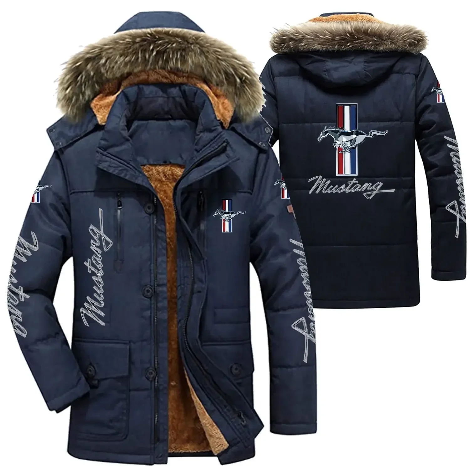 Mustang Logo giacche invernali in cotone da uomo parka con cappuccio fodera in pelliccia di agnello peluche da uomo giacca da moto moda ispessimento