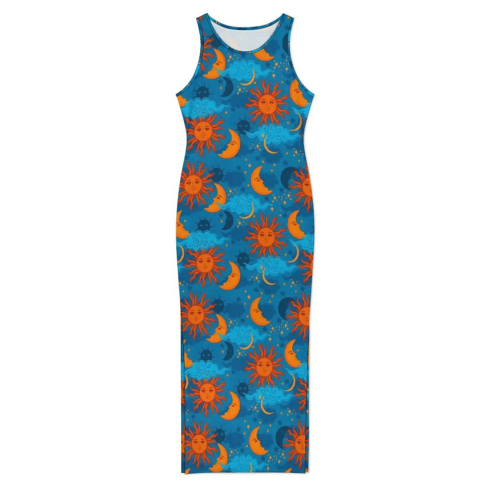 Womens Stars Sun Moon Dress Night Sky Print Streetwear Bodycon Dress Summer Sleeveless Cute Maxi Dresses Oversized Vestido