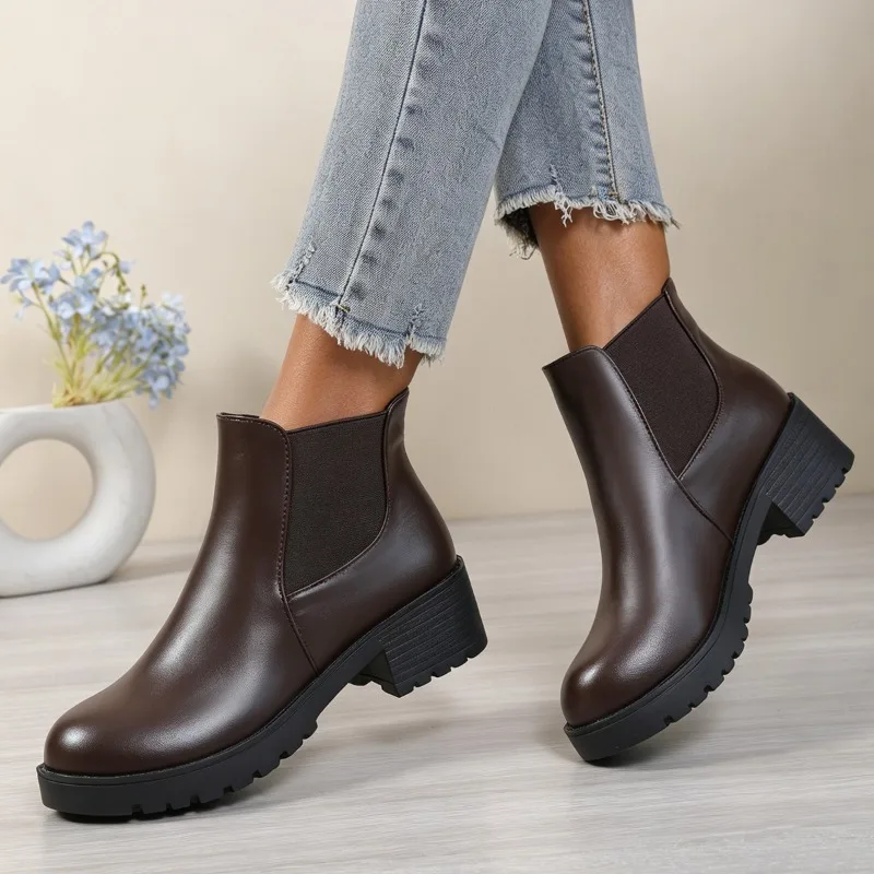 Soft Leather Booties Platform Design Comfortable and Versatile Platform Sole Not Tired Feet Block Heel Shoes
