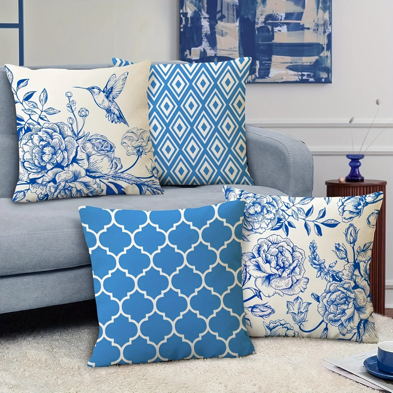 4pcs Rustic Peony & Hummingbird Decorative Pillow Covers - Blue and White Porcelain Geometric Design, Vintage Linen Blend Cushio