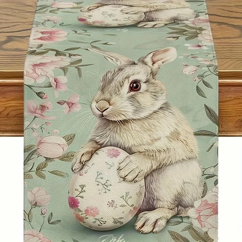 

1pc Easter Floral Bunny Table Runner | Linen 2D Print | Elegant Dining/Kitchen/Living Room Decor | Perfect Holiday Gift for Home