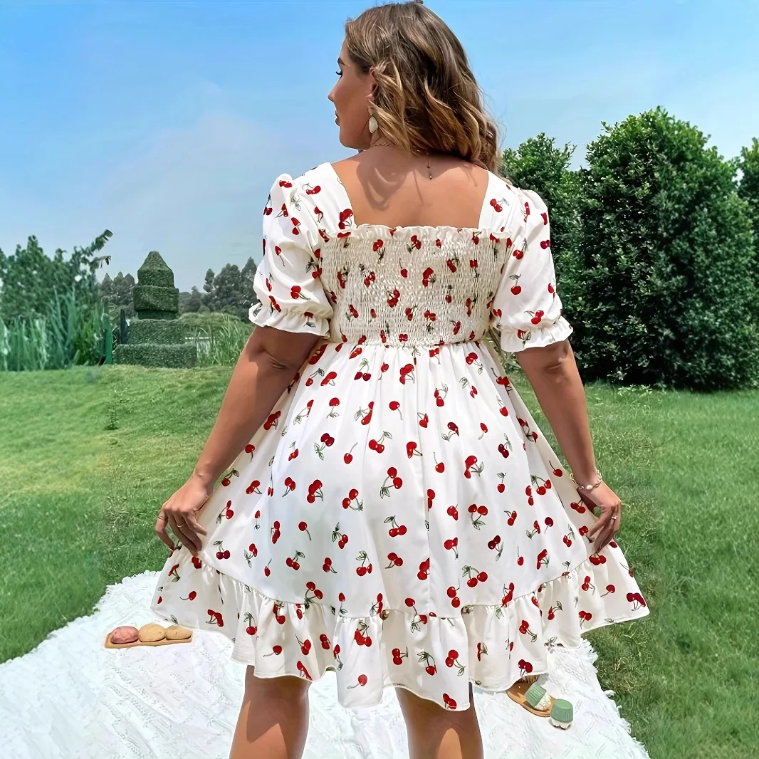 2025 Summer Women's Plus Size Dresses Fashion Cherry Print Short Sleeve Midi Dress Summer Casual A-line Dress - Image 4