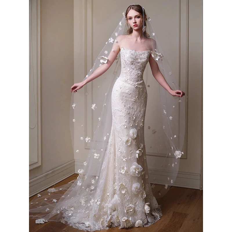 2026 French Strapless Mermaid Wedding Dress Handmade 3D Floral Lace Bridal Gown With Matching Flower Tulle Veil Slim Customized