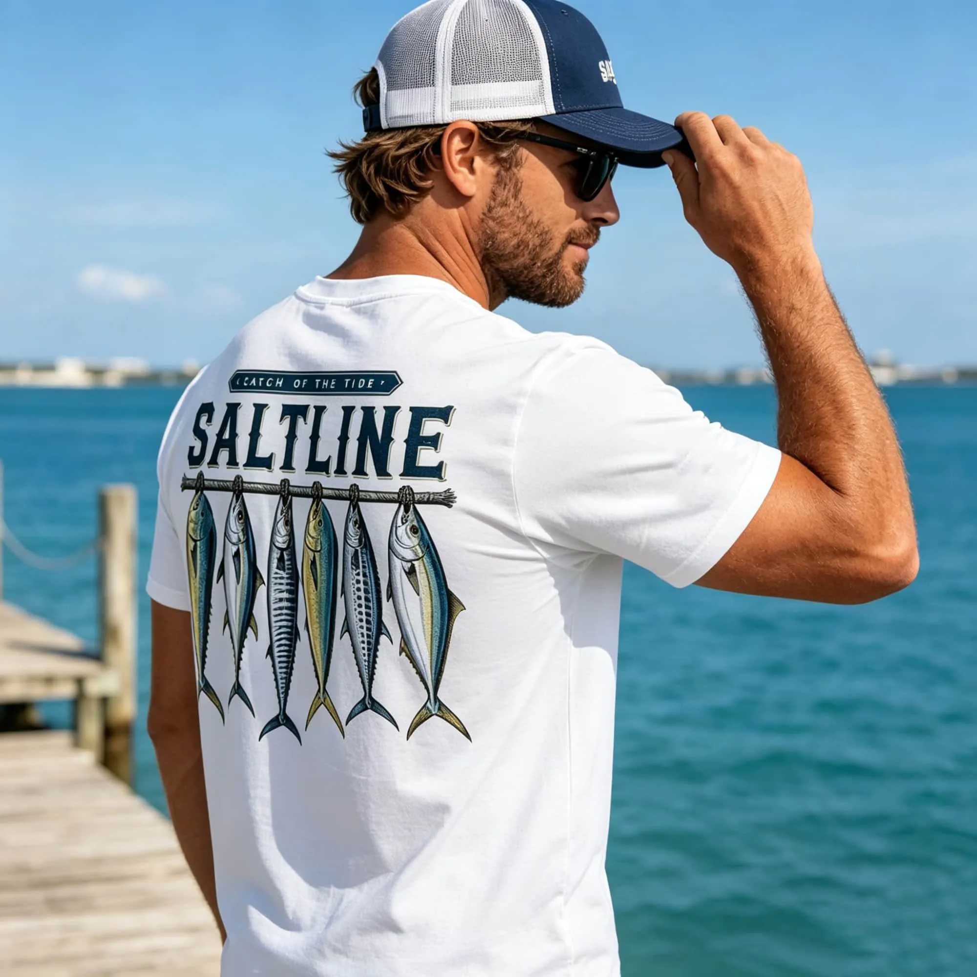 Herren-T-Shirt mit Rundhalsausschnitt und kurzen Ärmeln, mit Fisch-Grafikdruck auf Vorder- und Rückseite, Outdoor-Angler-Oberteil für Männer. – Detail 3