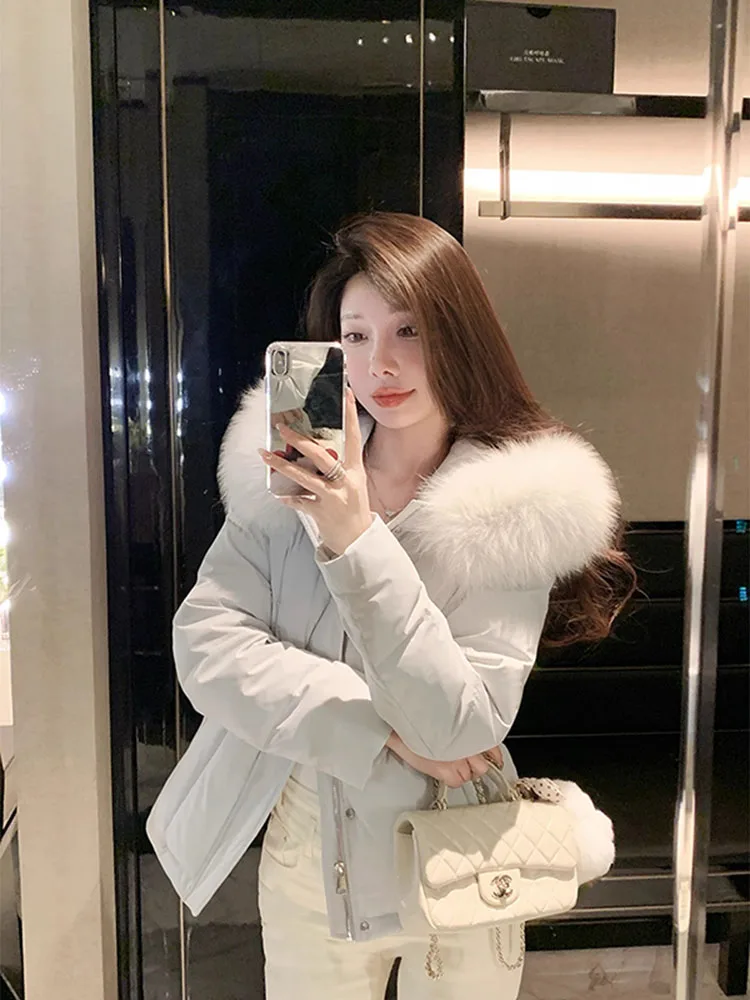 

Women's Thickened down Jacket 90 White Duck Feather Large Fur Collar Waist-Cinching Warmth Outerwear Commute Style Eco-Friendly