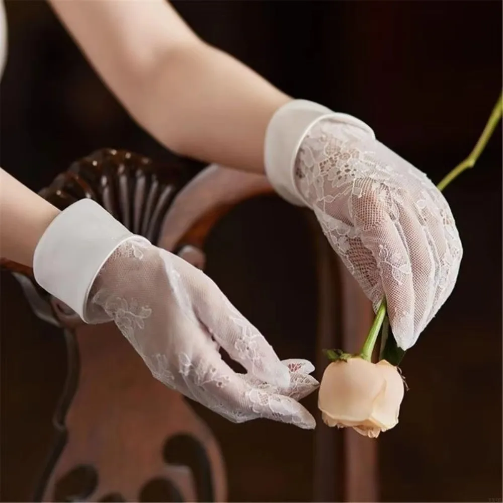 Floral Lace Bridal Lace Gloves Satin Cuff See Through Floral Embroidery Aesthetic Gloves Breathable Elastic Fabric