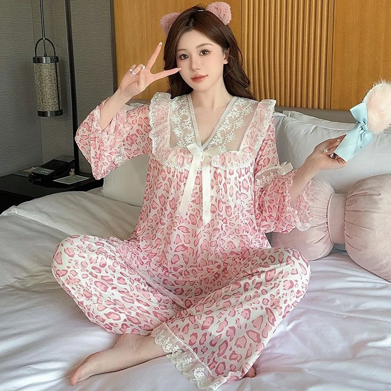 

2025 Autumn Long Sleeve Cute Lace V-neck Leopard Print Pajama Sets for Women Korean Sleepwear Suit Pyjama Homewear Home Clothes