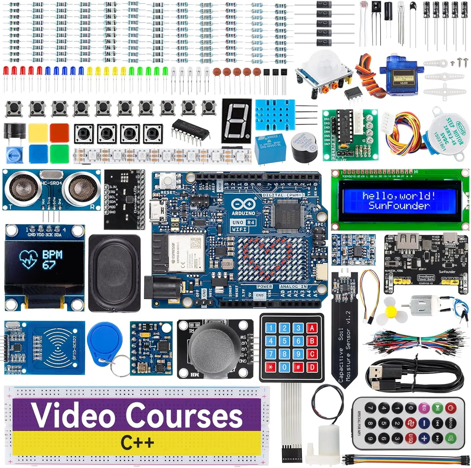 SunFounder Elite Explorer Kit with Original Arduino Uno R4 WiFi, IoT ESP32 IIC LCD1602 OLED, Online Tutorials Video Courses